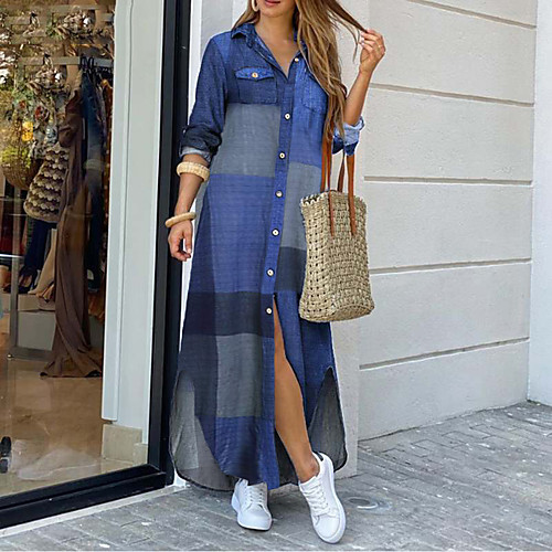 

Women's Shirt Dress Maxi long Dress Blue Yellow Fuchsia Red Long Sleeve Color Block Split Patchwork Fall Spring Shirt Collar Hot Casual Sexy Going out Holiday 2021 S M L XL XXL 3XL