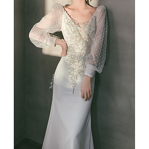 

Sheath / Column Glittering Elegant Engagement Formal Evening Dress V Neck Long Sleeve Ankle Length Stretch Fabric with Appliques 2021