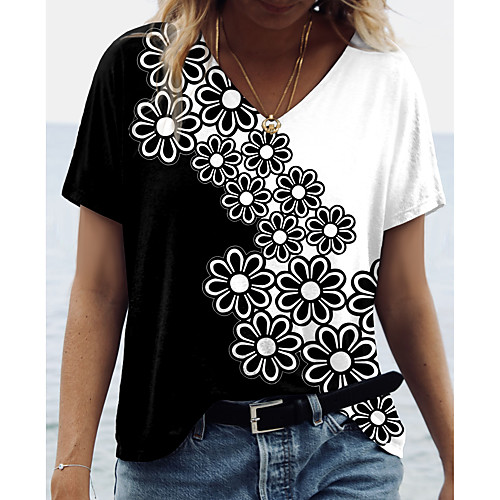 

Women's Butterfly Daisy Painting T shirt Floral Graphic Color Block Print V Neck Basic Tops Black