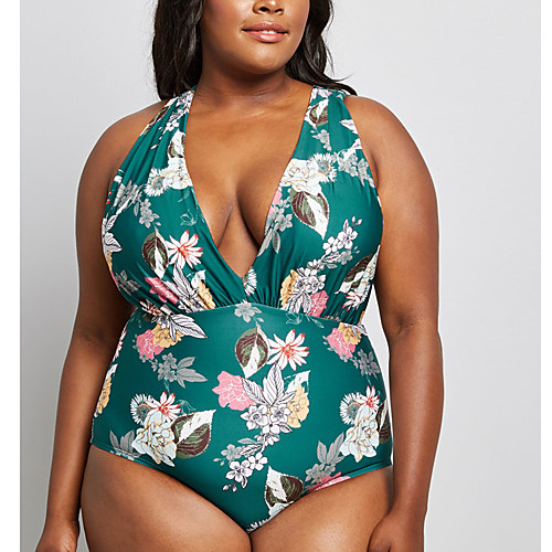 

Women's One Piece Swimsuit Criss Cross Floral Blue Green Black Red Plus Size Swimwear Bathing Suits