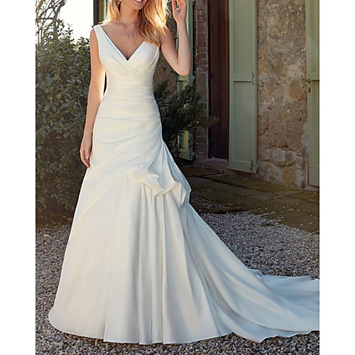 

A-Line Wedding Dresses V Neck Court Train Satin Sleeveless Country Simple with Ruched Draping 2021