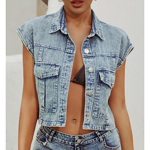 

Women's Denim Jacket Daily Fall Summer Regular Coat Shirt Collar Regular Fit Jacket Sleeveless Solid Colored Blue