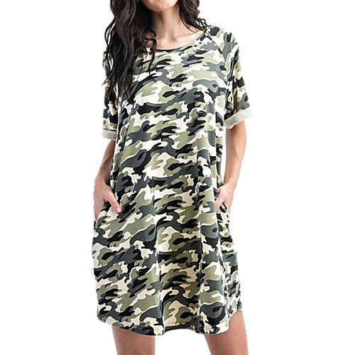 

Women's Shift Dress Short Mini Dress Army Green Light Green Short Sleeve Print Print Summer Round Neck Casual Loose 2021 S M L XL XXL 3XL