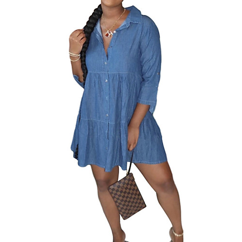 

Women's Denim Dress Short Mini Dress Blue Light Blue 3/4 Length Sleeve Solid Color Patchwork Button Summer Square Neck Casual Loose 2021 S M L XL XXL