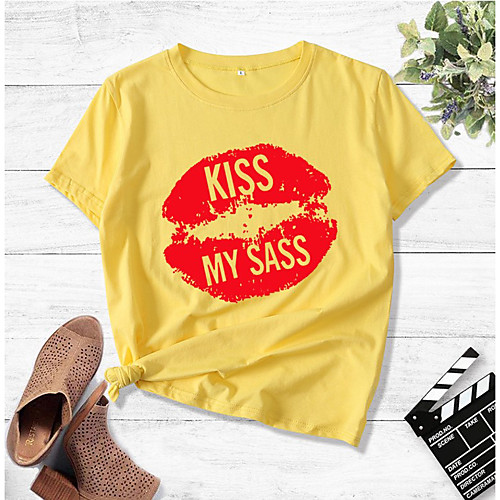 

Women's T shirt Lips Print Round Neck Tops Cotton Basic Basic Top White Black Yellow