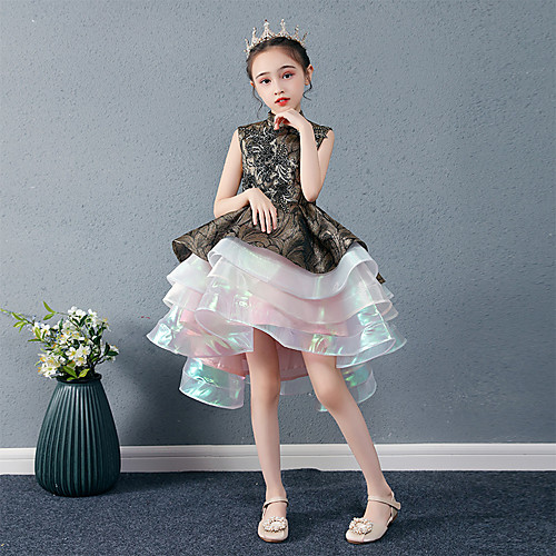 

Princess Asymmetrical Flower Girl Dresses Birthday Satin Sleeveless High Neck with Beading