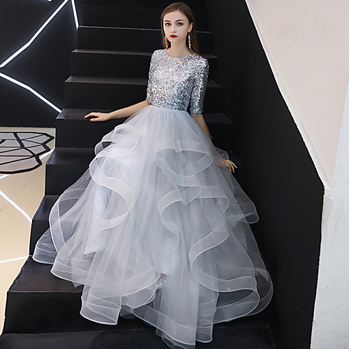 

A-Line Jewel Neck Floor Length Tulle Bridesmaid Dress with Sequin