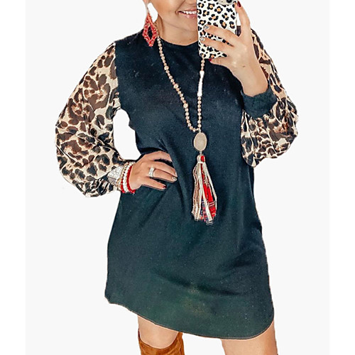 

Women's Shift Dress Knee Length Dress Black Long Sleeve Print Summer Round Neck Casual 2021 S M L XL