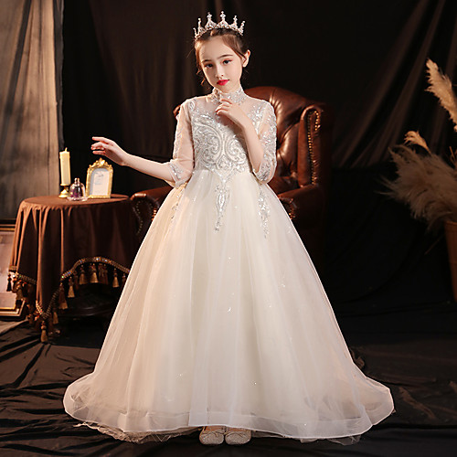 

Princess Sweep / Brush Train Flower Girl Dresses Party Lace 3/4 Length Sleeve High Neck with Paillette