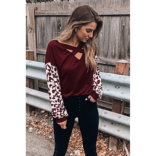 

Women's Painting T shirt Color Block Leopard Long Sleeve Cut Out Patchwork Print V Neck Basic Tops Black Red Beige