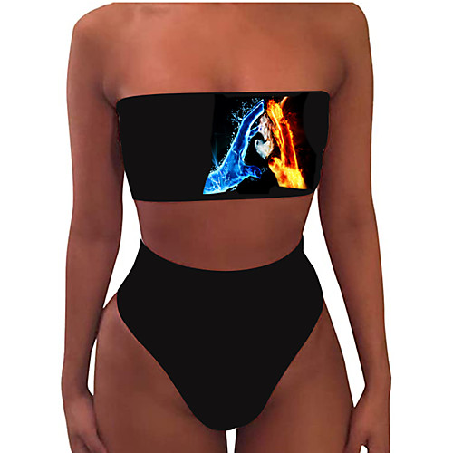 

Women's Tankini 2 Piece Swimsuit Print Abstract Black Swimwear Bandeau Strapless Bathing Suits New Sexy / Slim