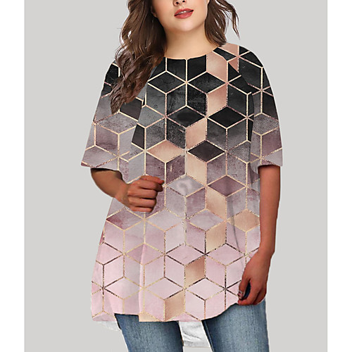 

Women's Plus Size Dress T Shirt Dress Tee Dress Short Mini Dress Half Sleeve Graphic Color Block Geometry Print Casual Fall Spring Summer Blue Blushing Pink Khaki XL XXL 3XL 4XL 5XL