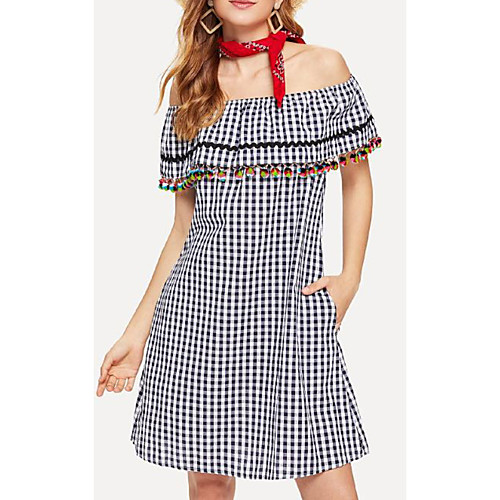 

Women's A Line Dress Knee Length Dress Dusty Blue Short Sleeve Print Check Print Summer Off Shoulder Casual Loose 2021 S M L XL / Cotton / Cotton