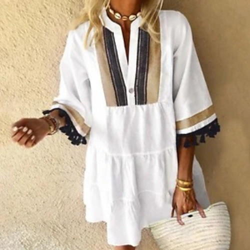 

Women's Shirt Dress Knee Length Dress Blue Wine White Black Red 3/4 Length Sleeve Solid Color Patchwork Print Fall Summer V Neck Elegant Casual Loose 2021 S M L XL XXL 3XL