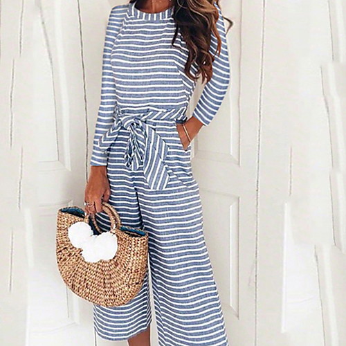 

Women's Ordinary Blue Jumpsuit Striped Bow