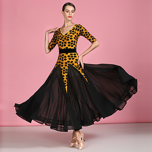 

Ballroom Dance Dress Scattered Bead Floral Motif Style Pleats Women's Training Performance Half Sleeve Natural Mesh Corduroy