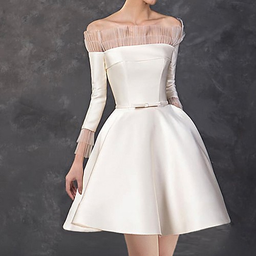 

A-Line Minimalist Elegant Homecoming Cocktail Party Dress Off Shoulder Long Sleeve Short / Mini Satin with Pleats Lace Insert 2021