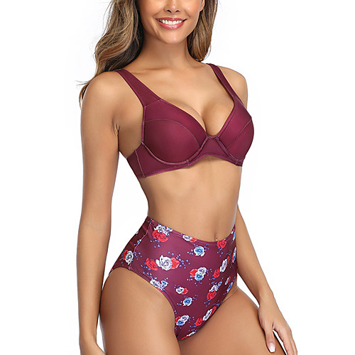 

Women's Bikini Swimsuit Lace up Print Floral Geometric Purple Swimwear Bandeau Bathing Suits / Padded Bras