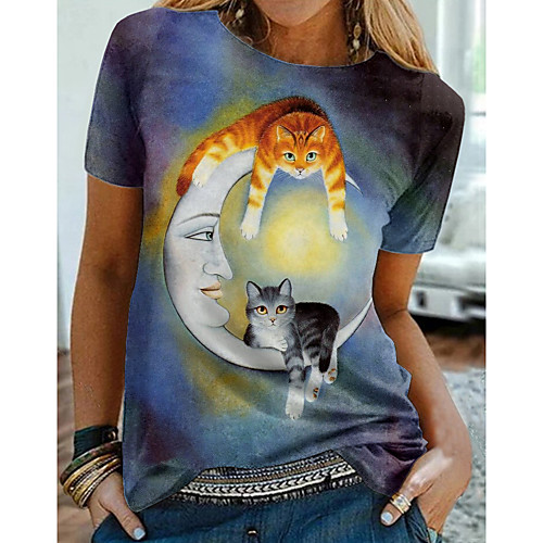 

Women's 3D Cat Painting T shirt Galaxy Cat 3D Print Round Neck Basic Tops Blue