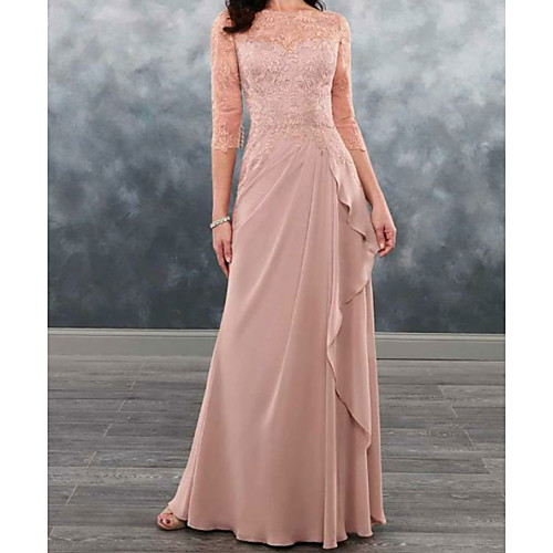 

Sheath / Column Mother of the Bride Dress Plus Size Sexy Bateau Neck Floor Length Chiffon Lace Half Sleeve with Appliques 2021