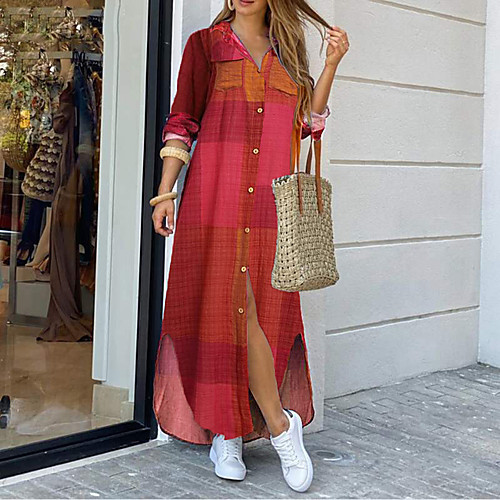 

Women's Shirt Dress Maxi long Dress Blue Yellow Wine Gray Khaki Red Long Sleeve Color Block Geometric Print Spring Summer Shirt Collar Work Casual Loose 2021 S M L XL XXL / Plus Size