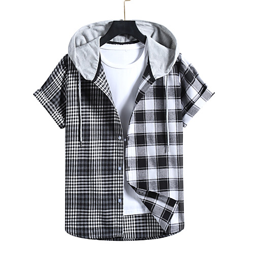 

Men's Shirt Lattice Short Sleeve Casual Tops Casual Gray / White