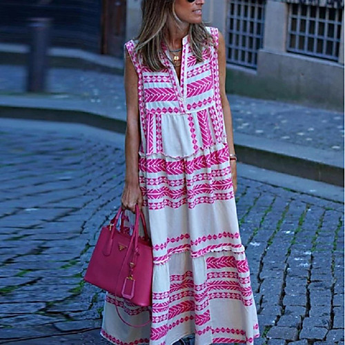 

Women's Swing Dress Maxi long Dress Blushing Pink Sleeveless Striped Geometric Patchwork Print Spring Summer V Neck Casual Boho 2021 S M L XL XXL 3XL