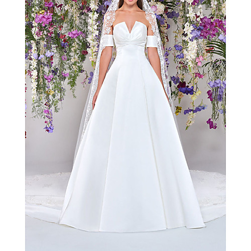 

A-Line Wedding Dresses Strapless Court Train Satin Sleeveless Simple with 2021