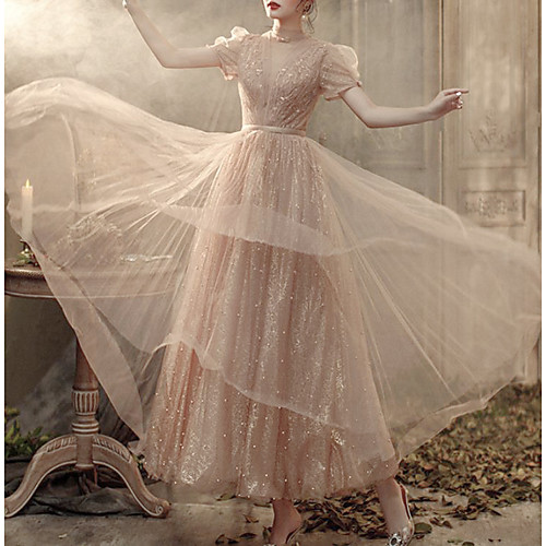 

A-Line Glittering Beautiful Back Engagement Formal Evening Dress High Neck Short Sleeve Floor Length Tulle with Pleats Beading Sequin 2021