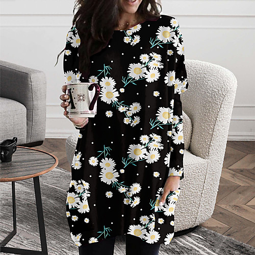 

Women's Shift Dress Short Mini Dress Yellow Black Long Sleeve Floral Color Block Print Fall Spring Round Neck Casual Holiday 2021 S M L XL XXL 3XL