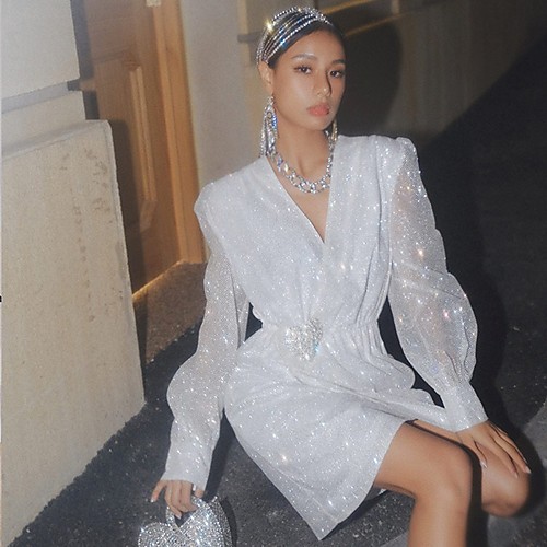 

A-Line Sparkle Sexy Homecoming Cocktail Party Dress V Neck Long Sleeve Short / Mini Sequined with Crystals Sequin 2021