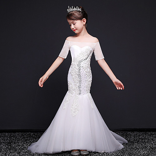 

Mermaid / Trumpet Sweep / Brush Train Flower Girl Dresses Formal Evening Tulle Short Sleeve Off Shoulder with Beading