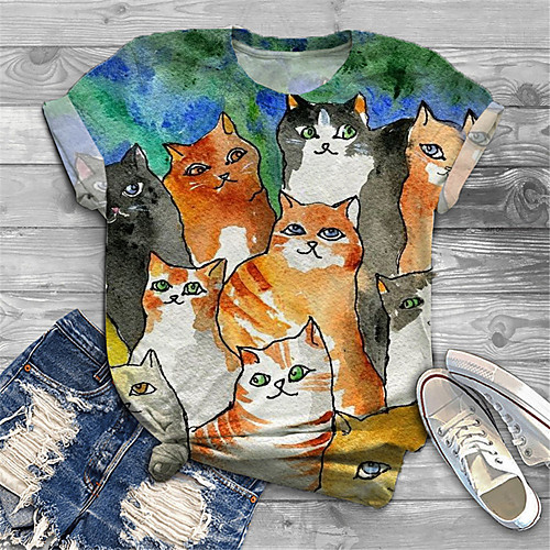 

Women's Plus Size Tops T shirt Cat Graphic Animal Print Short Sleeve Crewneck Basic Blue Big Size XL XXL 3XL 4XL 5XL / Holiday
