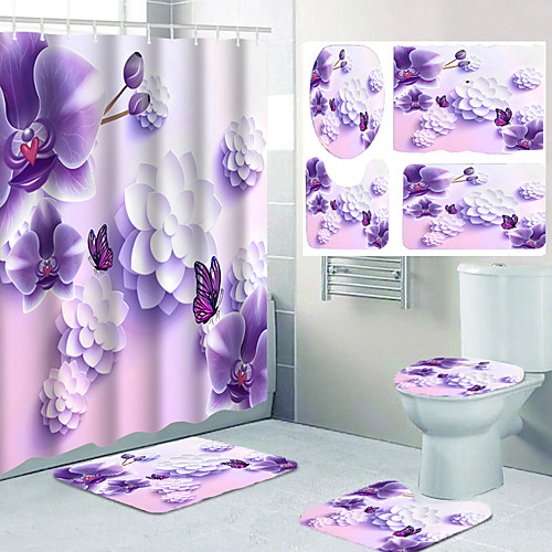 

Purple Flower Butterfly Pattern Printing Bathroom Shower Curtain Leisure Toilet Four-piece Design