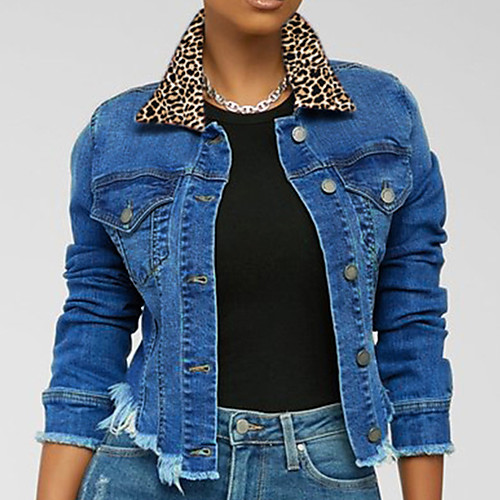 

Women's Jacket Daily Spring & Fall Regular Coat Shirt Collar Regular Fit Streetwear Jacket Long Sleeve Color Block Patchwork Light Blue Navy Blue / Holiday / Cotton / Print