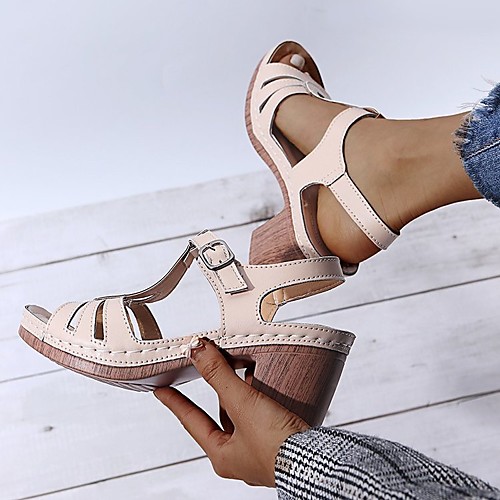 

Women's Sandals Chunky Heel Peep Toe Rubber PU Black Pink Beige