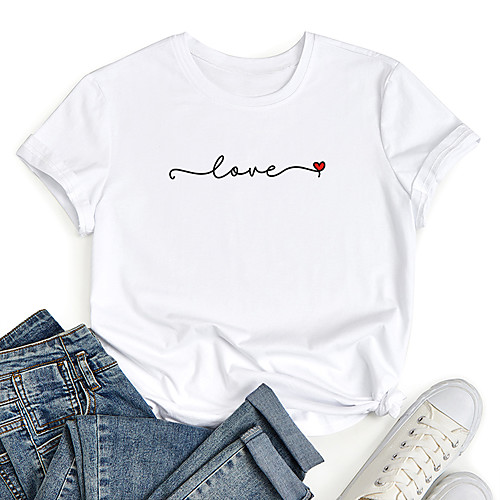 

Women's T shirt Graphic Heart Letter Print Round Neck Tops 100% Cotton Basic Basic Top White Blue Red