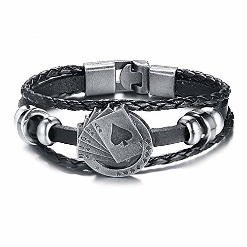 

mainbead men's multilayer poker leather rope cuff bangle wristband friendship vintage biker playing card poker leather bracelet jewelry