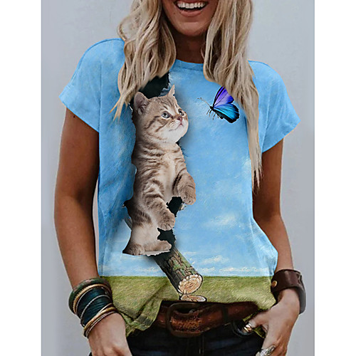 

Women's 3D Cat T shirt Cat Graphic 3D Print Round Neck Basic Tops Blue Green