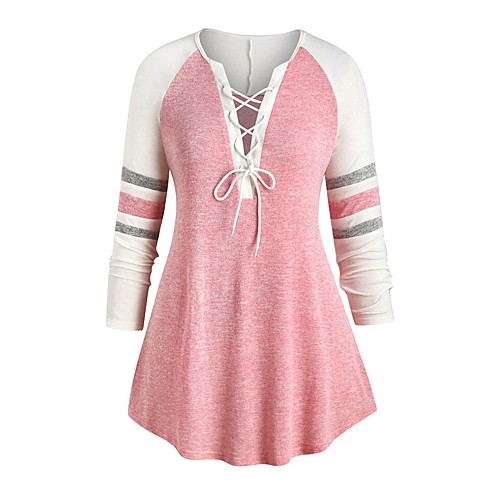 

Women's Plus Size Tops Blouse Striped Color Block Drawstring Long Sleeve V Neck Streetwear Blue Blushing Pink Gray Big Size L XL XXL 3XL 4XL / Going out