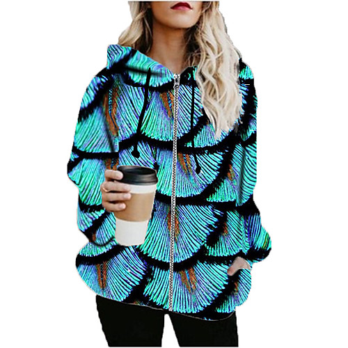 

Women's Hoodied Jacket Sports Fall & Winter Long Coat Loose Jacket Long Sleeve Color Block Print Blue