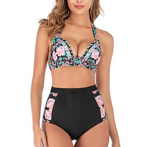 

Women's Bikini Swimsuit High Waist Geometric Blue Purple Yellow Fuchsia Green Plus Size Swimwear Halter Bathing Suits