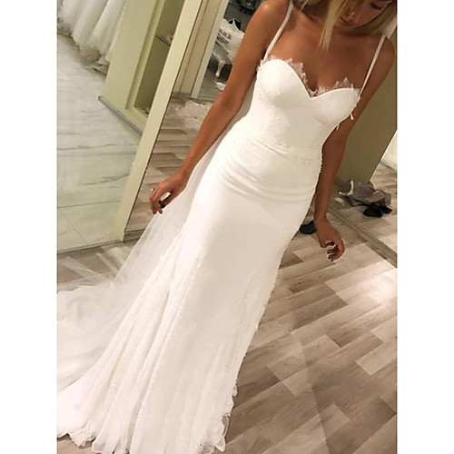 

Sheath / Column Wedding Dresses Spaghetti Strap Court Train Chiffon Sleeveless Beach with Lace 2021