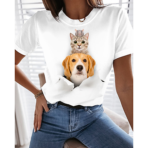 

Women's 3D Cat T shirt Cat Dog 3D Print Round Neck Basic Tops 100% Cotton White