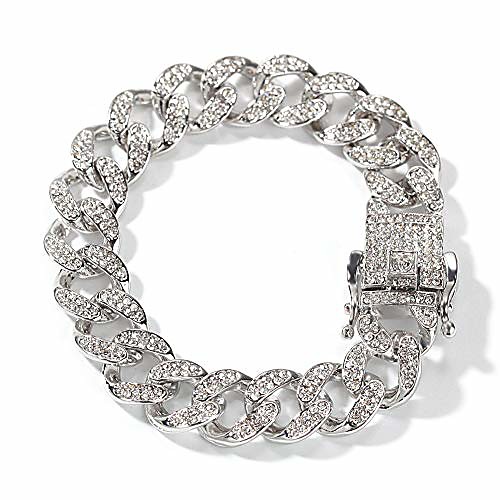 

13mm Cuban Link Chain for Mens Women Heavy Strong Bracelets Chain Iced Out Miami Curb Chain Bling Bling Hip Hop Bracelet Chain Silver Plated Rhinestone CZ Clasp Jewelry Choker Strong Chain Bracelet 8
