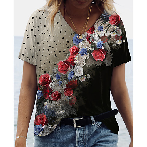 

Women's Floral Theme Painting T shirt Floral Graphic Color Block Print V Neck Basic Tops Black