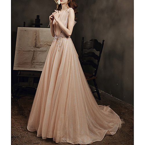 

A-Line Plunging Neck Sweep / Brush Train Tulle Bridesmaid Dress with Sequin