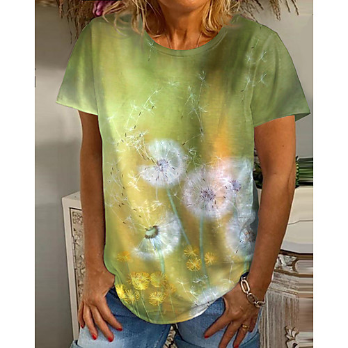 

Women's Going out Floral Theme Dandelion Painting T shirt Graphic 3D Dandelion Print Round Neck Basic Tops Green Gray