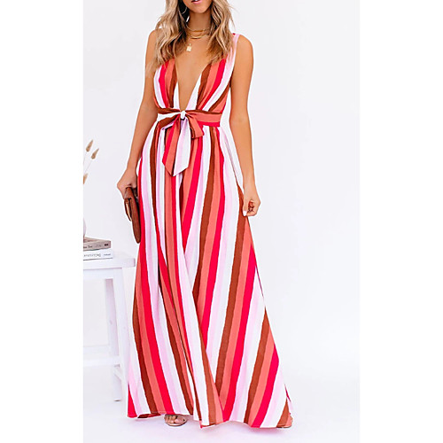 

Women's Swing Dress Maxi long Dress Red Sleeveless Striped Print Summer V Neck Casual 2021 S M L XL
