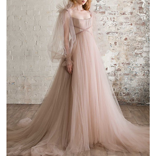 

A-Line Elegant Boho Engagement Formal Evening Dress Scoop Neck Long Sleeve Sweep / Brush Train Tulle with Pleats Ruched 2021